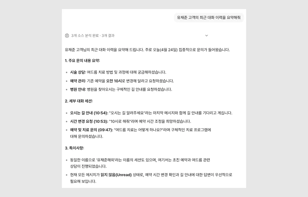 특정 고객님 대화 내용 요약 결과