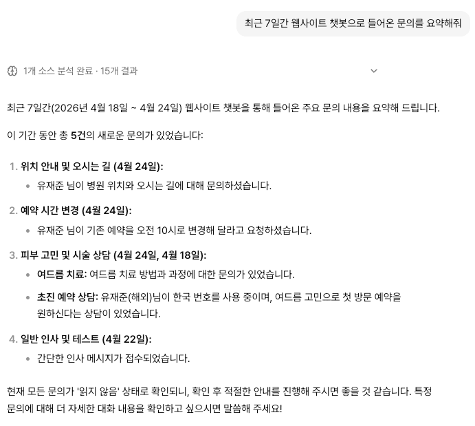 최근 7일 웹사이트 챗봇 문의 요약 예시