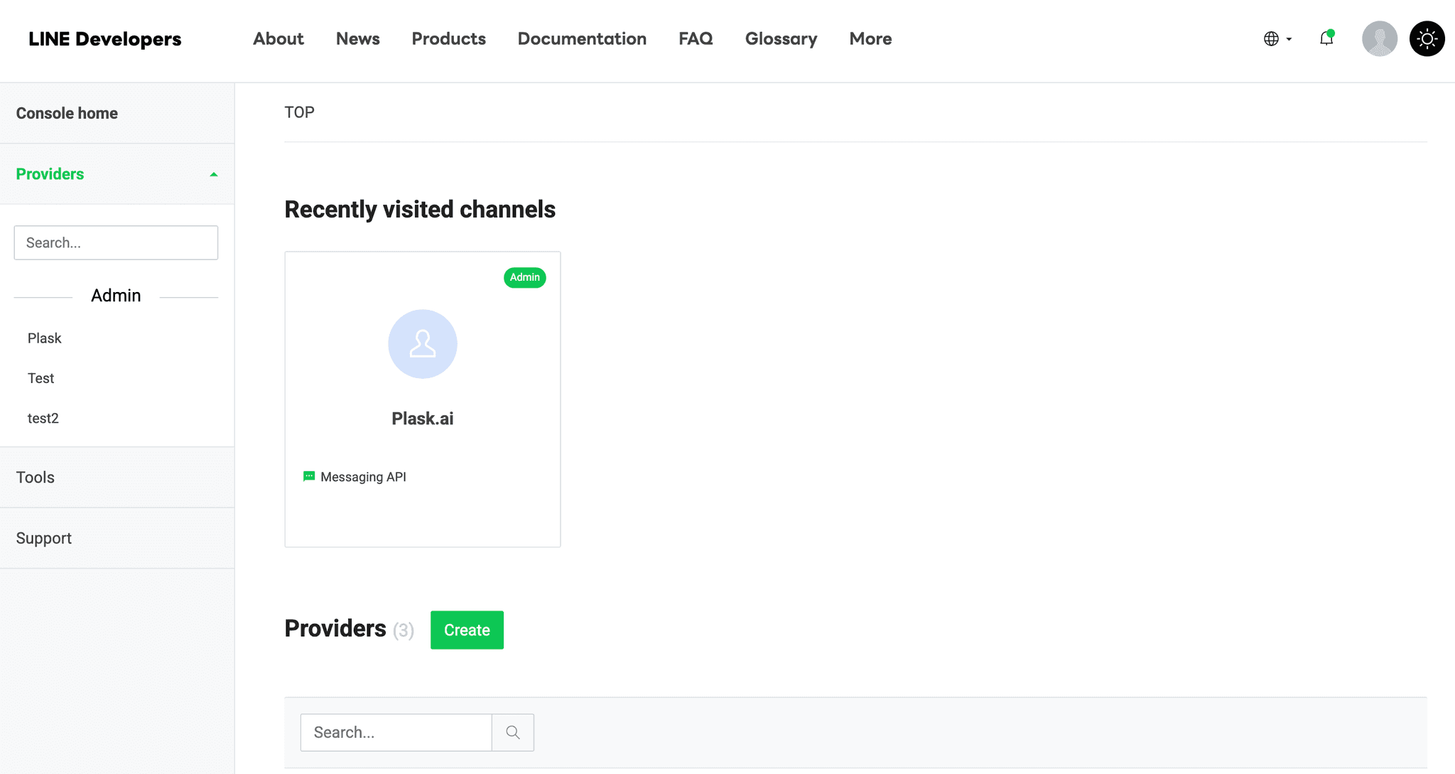LINE Developers Console 메인